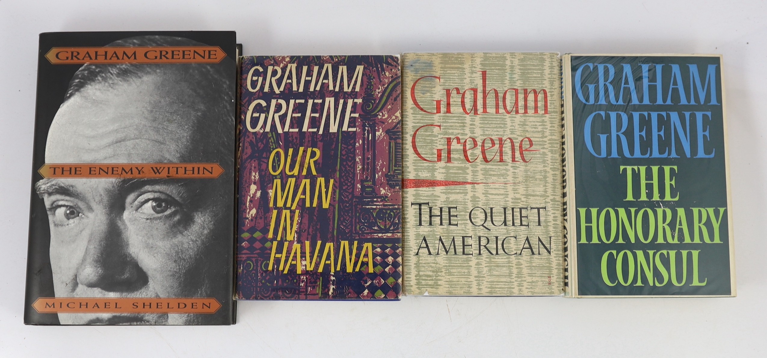 Greene, Graham - 6 first editions, in original unclipped d/j’s - The Quiet American, 1955; Our Man in Havana, 1958; The Comedians, 1966; The Honorary Consul, 1973; The Human Factor, 1978; Monsignor Quixote, 1982 and - Sh
